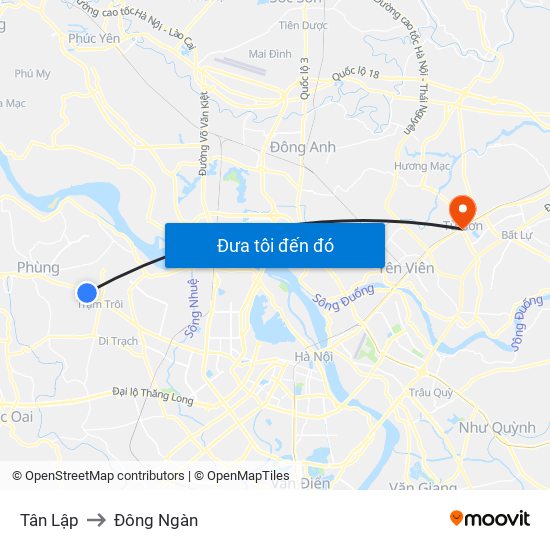 Tân Lập to Đông Ngàn map