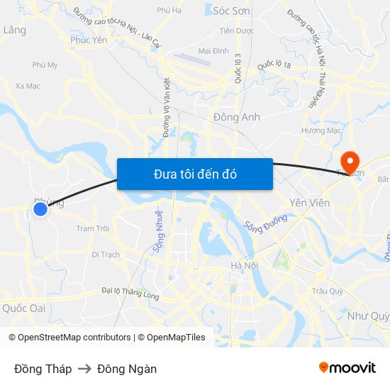 Đồng Tháp to Đông Ngàn map