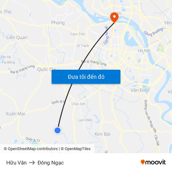 Hữu Văn to Đông Ngạc map