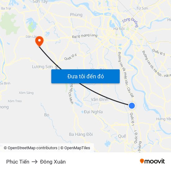 Phúc Tiến to Đông Xuân map