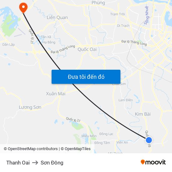 Thanh Oai to Sơn Đông map