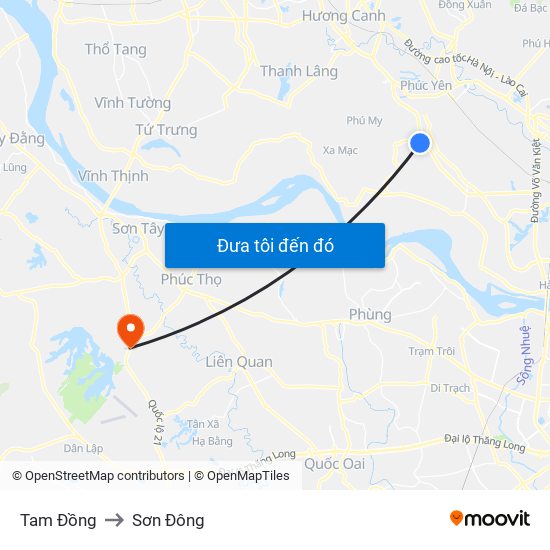 Tam Đồng to Sơn Đông map