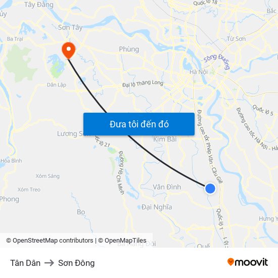 Tân Dân to Sơn Đông map