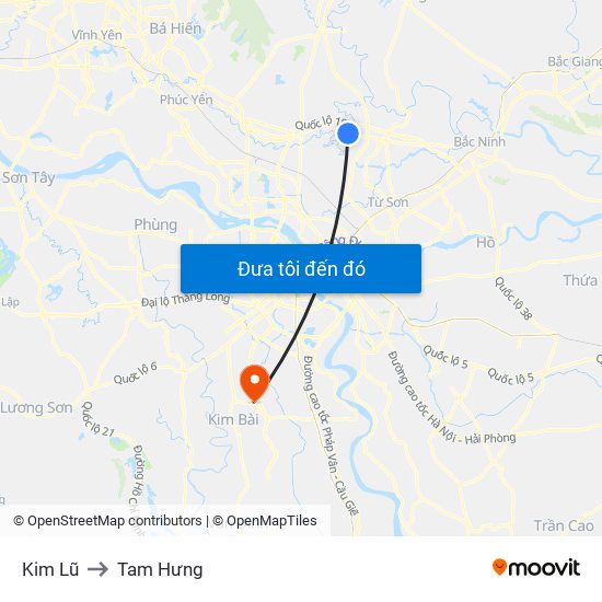 Kim Lũ to Tam Hưng map