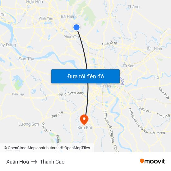 Xuân Hoà to Thanh Cao map