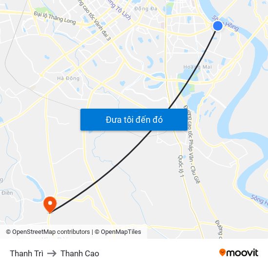 Thanh Trì to Thanh Cao map