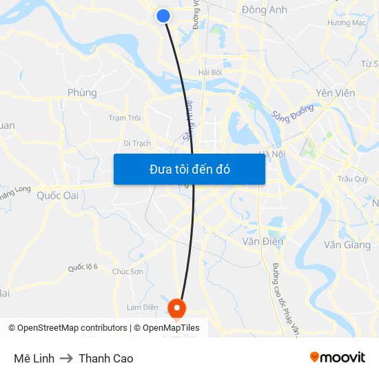 Mê Linh to Thanh Cao map