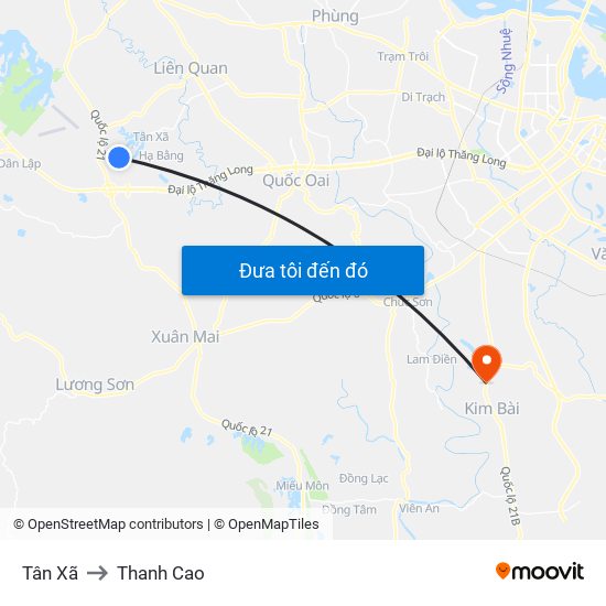 Tân Xã to Thanh Cao map