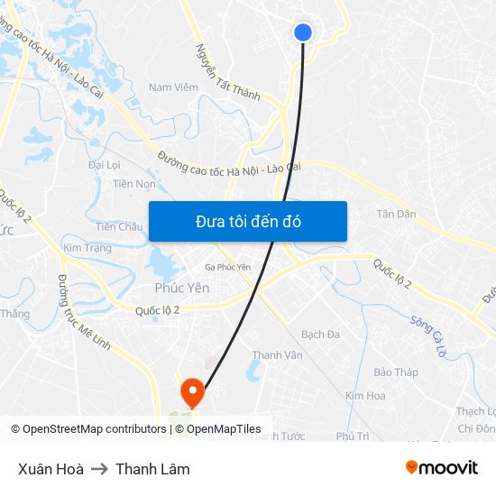 Xuân Hoà to Thanh Lâm map