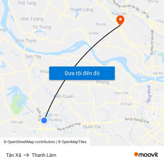 Tân Xã to Thanh Lâm map