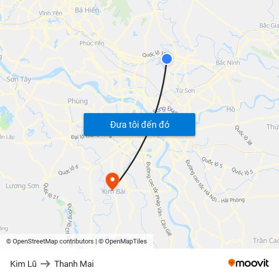 Kim Lũ to Thanh Mai map