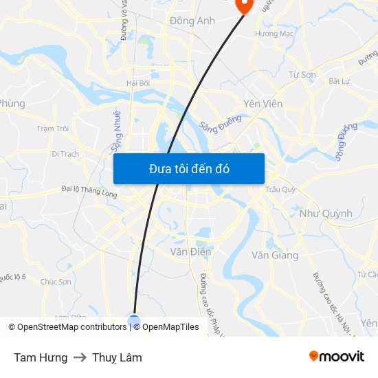 Tam Hưng to Thuỵ Lâm map
