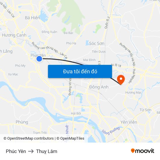 Phúc Yên to Thuỵ Lâm map