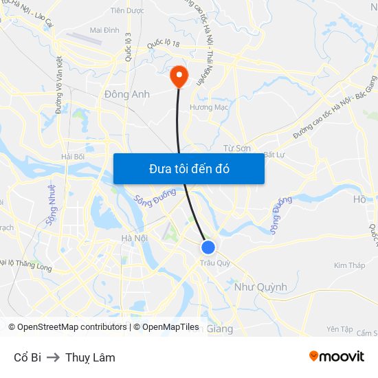 Cổ Bi to Thuỵ Lâm map
