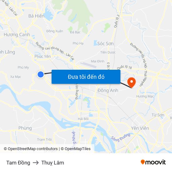 Tam Đồng to Thuỵ Lâm map