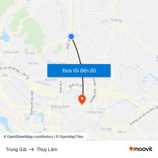 Trung Giã to Thuỵ Lâm map