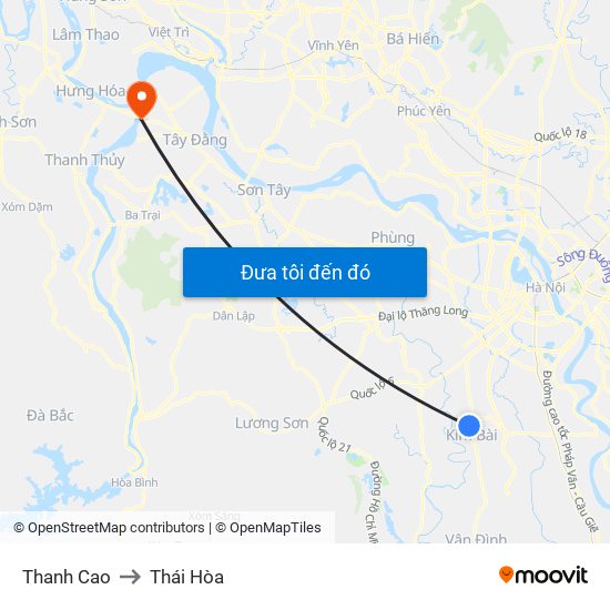 Thanh Cao to Thái Hòa map