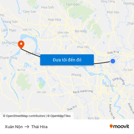 Xuân Nộn to Thái Hòa map