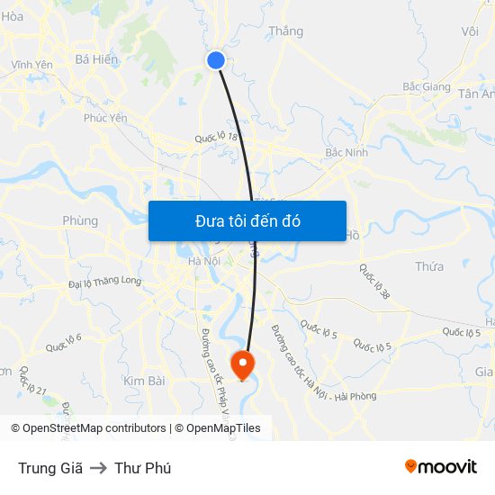 Trung Giã to Thư Phú map