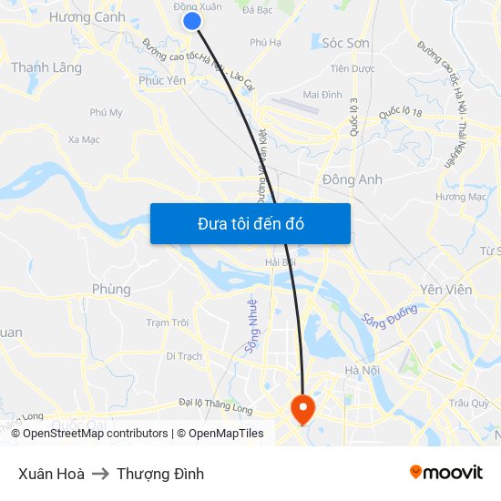 Xuân Hoà to Thượng Đình map