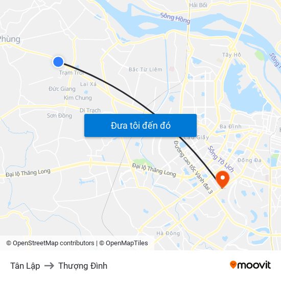 Tân Lập to Thượng Đình map