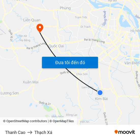 Thanh Cao to Thạch Xá map