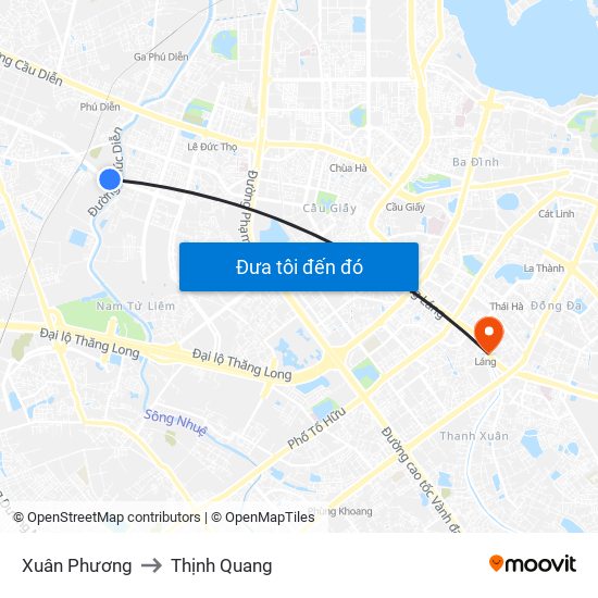 Xuân Phương to Thịnh Quang map