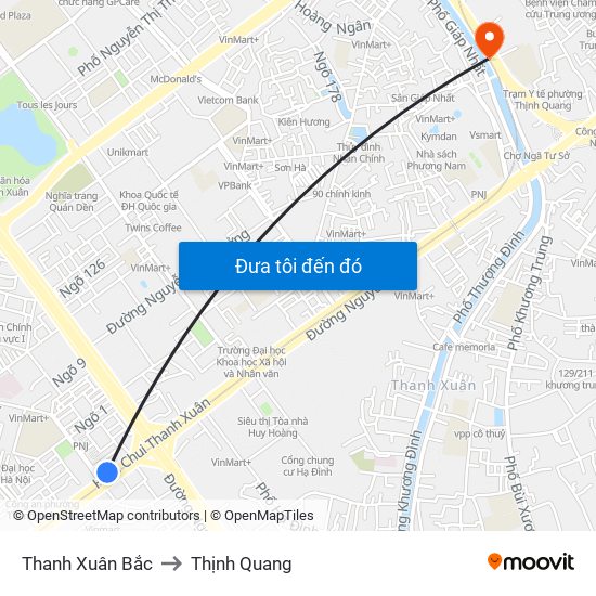 Thanh Xuân Bắc to Thịnh Quang map