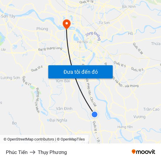 Phúc Tiến to Thụy Phương map