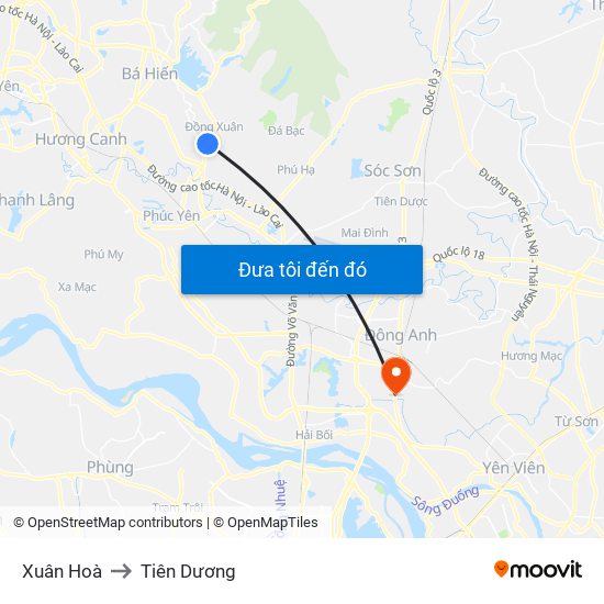 Xuân Hoà to Tiên Dương map