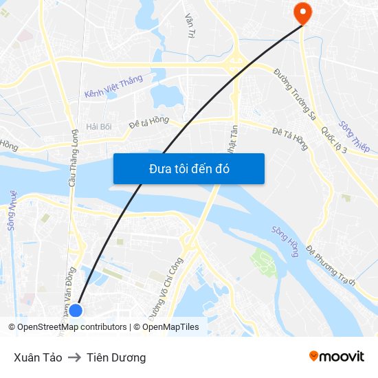 Xuân Tảo to Tiên Dương map