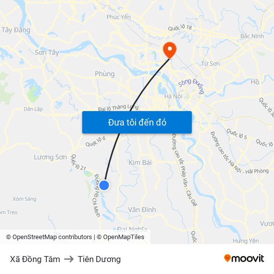 Xã Đồng Tâm to Tiên Dương map