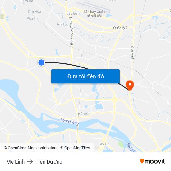 Mê Linh to Tiên Dương map