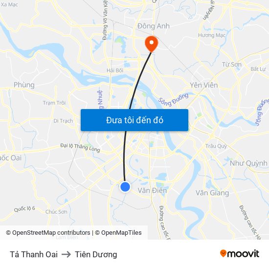 Tả Thanh Oai to Tiên Dương map