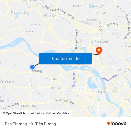 Đan Phượng to Tiên Dương map