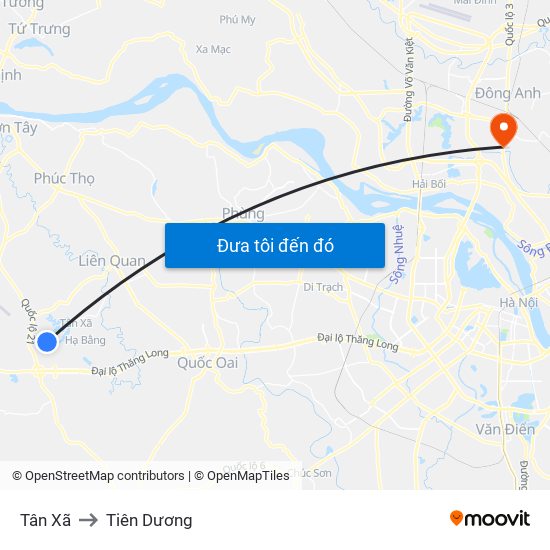 Tân Xã to Tiên Dương map