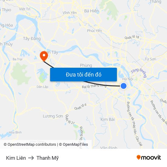 Kim Liên to Thanh Mỹ map