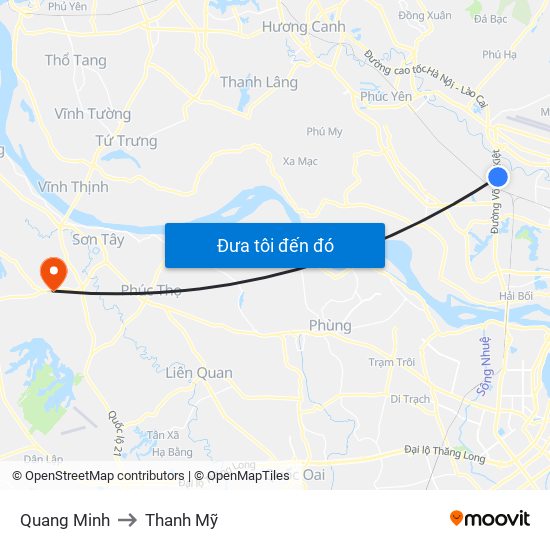 Quang Minh to Thanh Mỹ map