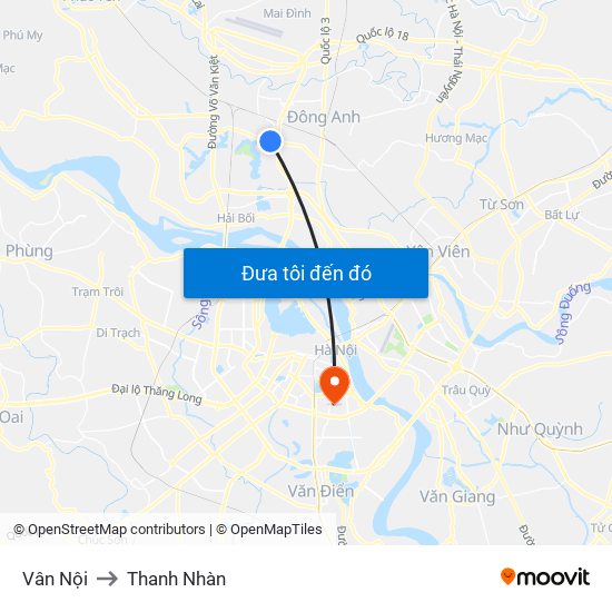 Vân Nội to Thanh Nhàn map