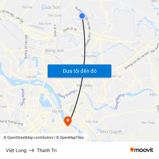 Việt Long to Thanh Trì map