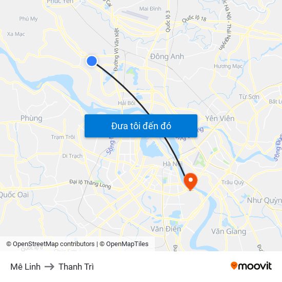 Mê Linh to Thanh Trì map