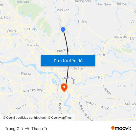 Trung Giã to Thanh Trì map