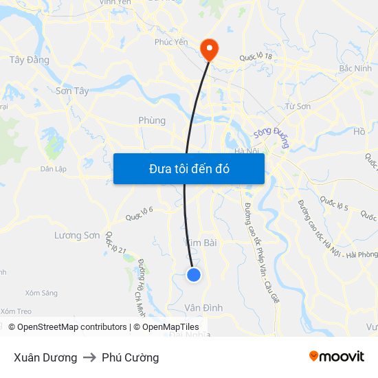 Xuân Dương to Phú Cường map