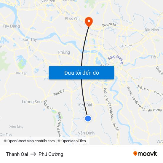 Thanh Oai to Phú Cường map