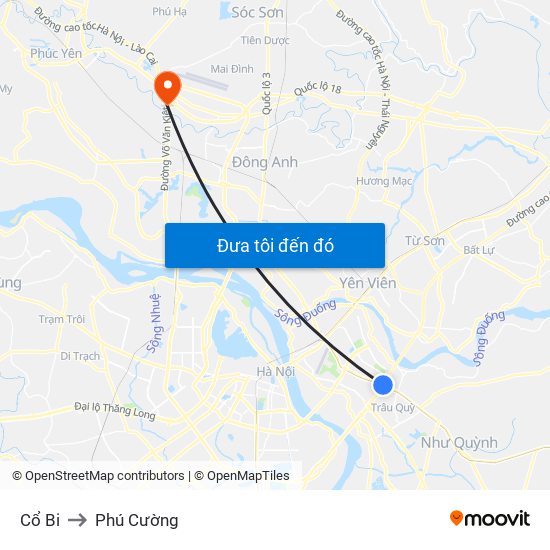 Cổ Bi to Phú Cường map