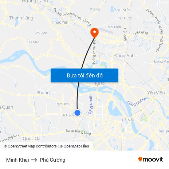 Minh Khai to Phú Cường map