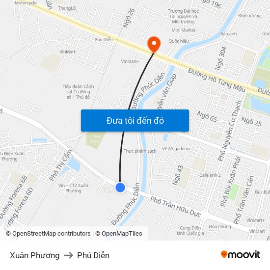 Xuân Phương to Phú Diễn map