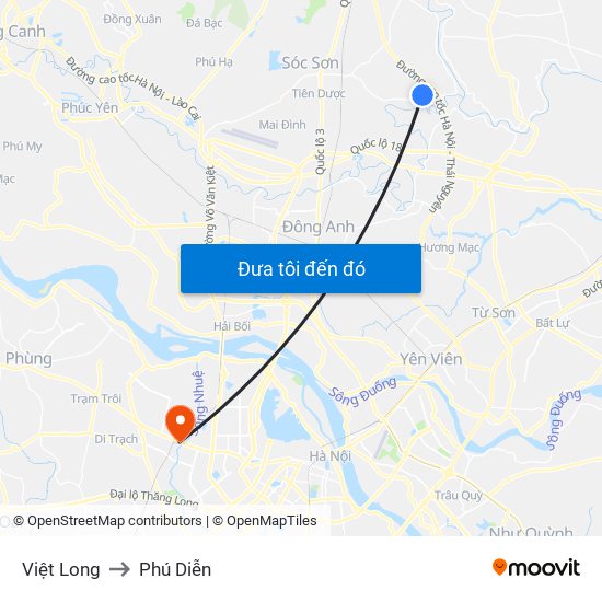 Việt Long to Phú Diễn map