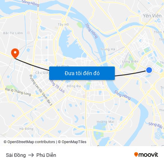 Sài Đồng to Phú Diễn map