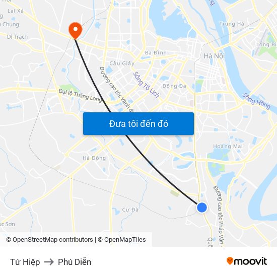Tứ Hiệp to Phú Diễn map